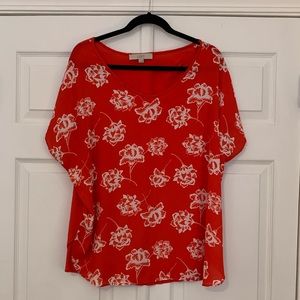 LOFT Red Floral Mixed Media Short Sleeve Top XL
